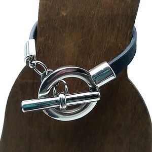 Black Leather Toggle Bracelet Unisex *Small Flaw*